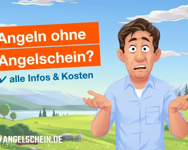 Verwirrter Mann fragt: Angeln ohne Angelschein? Hier gibt's alle Infos & Kosten. Landschaft mit See und Bergen im Hintergrund.