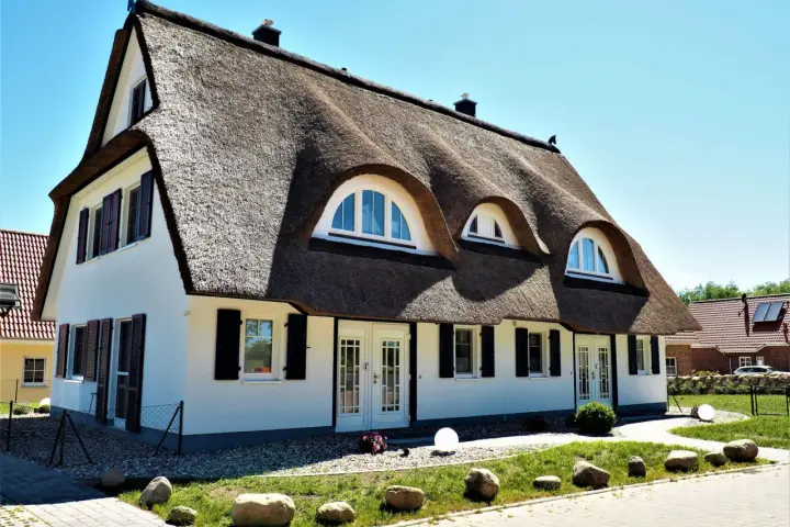 Ein Haus mit Reetdach und einem Hund, der auf dem Dach sitzt.