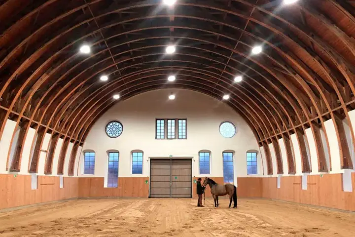 Reithalle mit Holzbalken-Decke und Sandboden. Ein Reiter steht neben seinem Pferd. Ein Ort, der an den farmer hotel Basedow erinnert.
