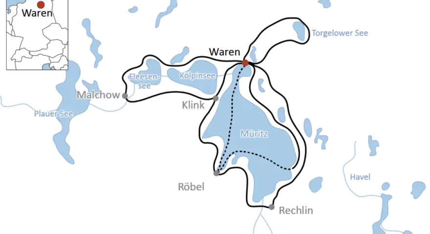 Karte der Mecklenburgischen Seenplatte mit Routen für Mecklenburger Radreisen. Orte wie Waren, Malchow, Müritz und Rechlin sind verbunden.