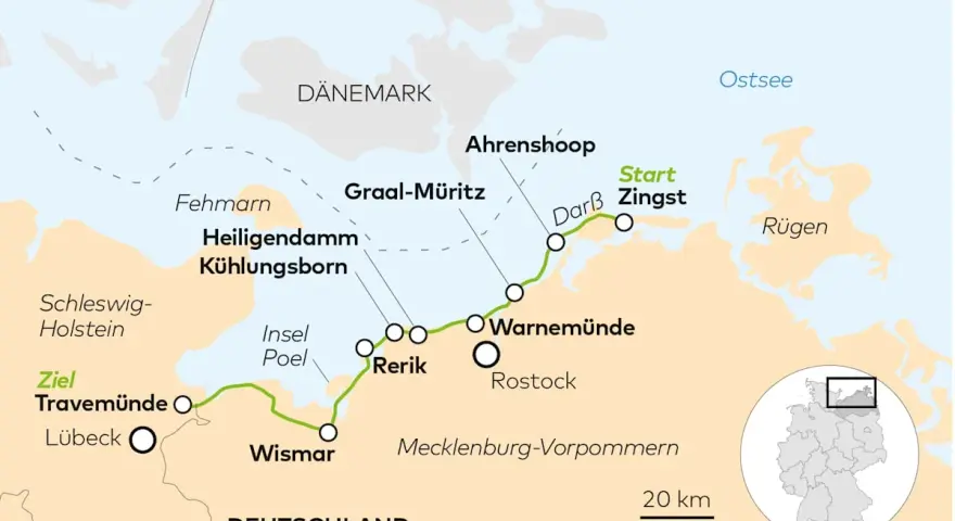 Karte zeigt eine Route entlang der Ostsee Mecklenburg-Vorpommern von Zingst nach Travemünde.