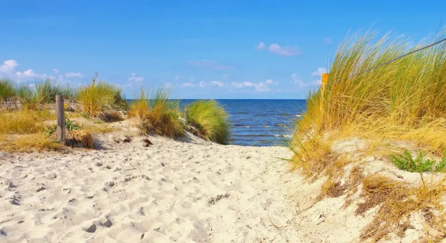 Sandiger Weg durch Dünen zum Strand auf der Insel Poel. Das Meer glitzert im blauen Himmel.