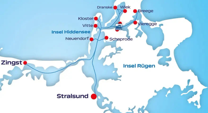 Karte zeigt Fährverbindungen zur Insel Hiddensee, mit Häfen wie Neuendorf, Vitte und Kloster. Auch Zingst und Stralsund sind verbunden.