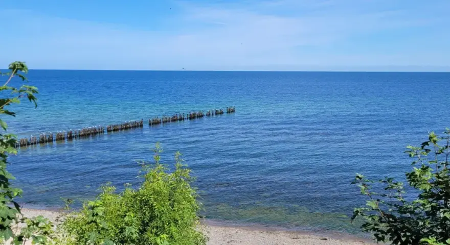Ein ruhiger Tag am glühenden Strandpromenade. Das Meer ist ruhig, mit einer Reihe von Holzpfählen, auf denen Vögel sitzen.