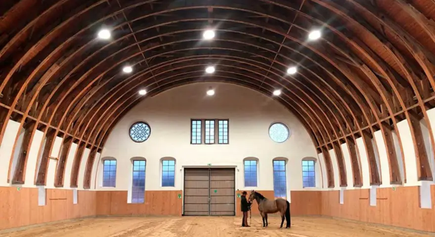 Reithalle mit Holzbalken-Decke und Sandboden. Ein Reiter steht neben seinem Pferd. Ein Ort, der an den farmer hotel Basedow erinnert.