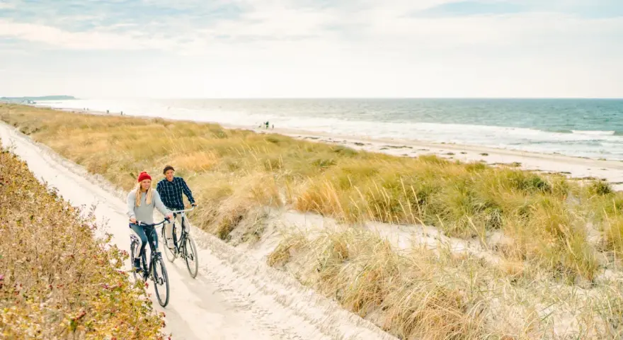 Ein Paar genießt seine baltischen Abenteuer auf Fahrrädern entlang eines sandigen Weges am Meer, umgeben von Dünen und Gräsern.