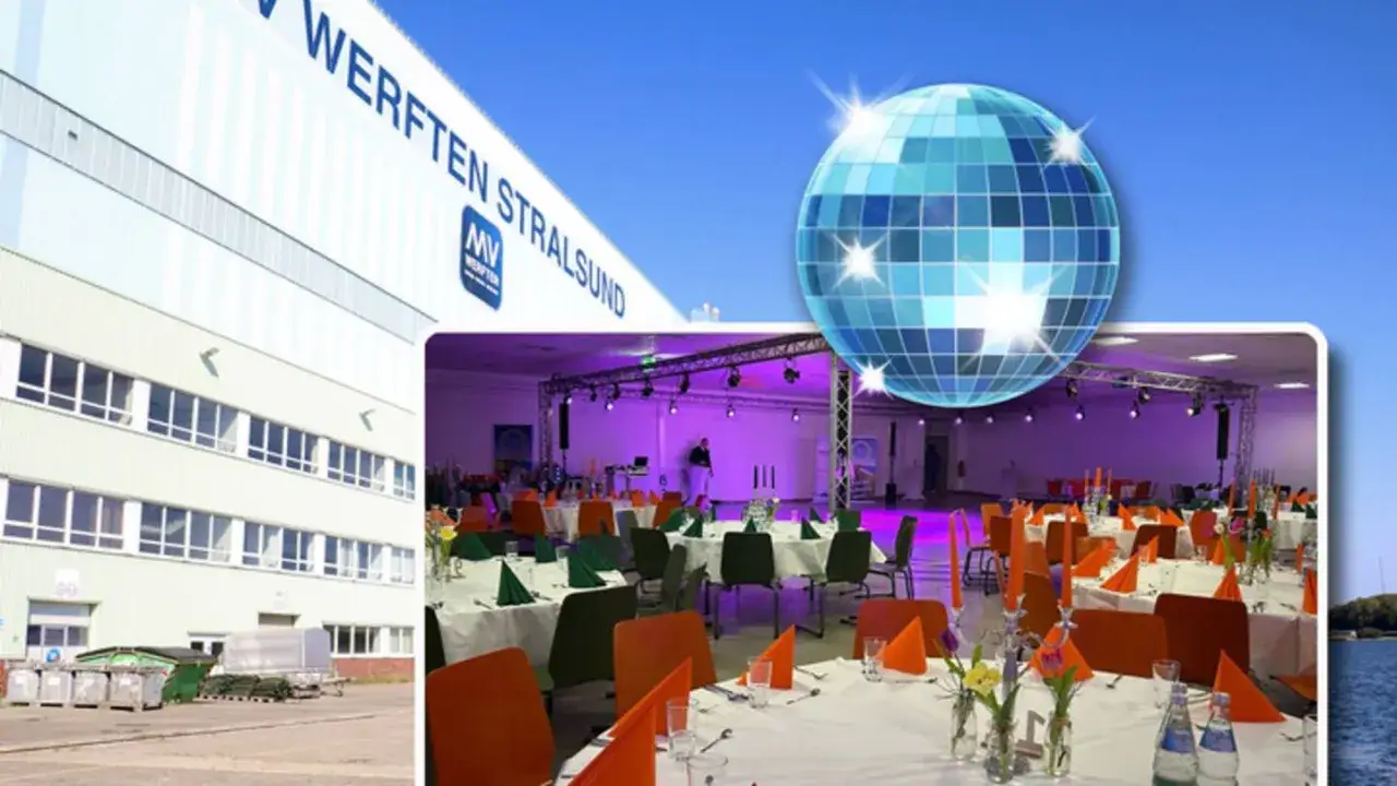 Werften Stralsund verwandelt sich in eine Partyzone! Eine Discokugel schwebt über festlich gedeckten Tischen, bereit für eine Nacht, in der Stralsund tanzt.