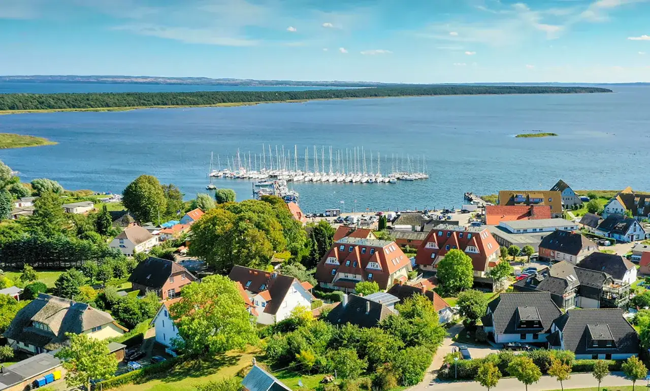 Breege Hafen mit vielen Segelbooten im Wasser, umgeben von gr&uuml;nen B&auml;umen und roten D&auml;chern.