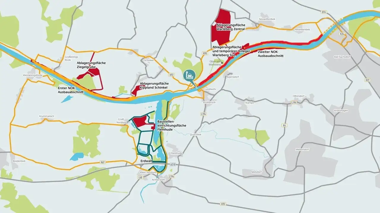 Karte zeigt Bauabschnitte und Ablagerungsflächen am Nord-Ostsee-Kanal. Ostsee heute: Ausbaupläne für den Kanal werden sichtbar.