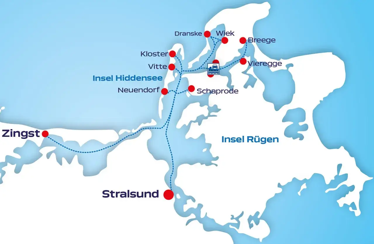 Karte mit Fährverbindungen: Zingst, Stralsund, Insel Hiddensee und Insel Rügen. Der hafen schaprode ist ein wichtiger Knotenpunkt.