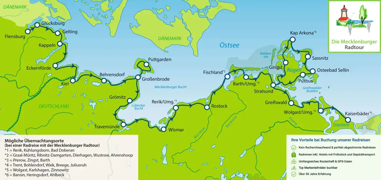 Karte der Mecklenburgischen Radtour entlang der Ostsee von D&auml;nemark bis Usedom. Der Ostseek&uuml;sten-Radweg f&uuml;hrt durch malerische Orte.