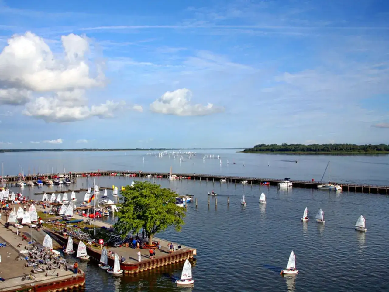 Viele Segelboote im Ribnitz-Damgarten Hafen. Ein langer Steg mit B&auml;umen und Booten.
