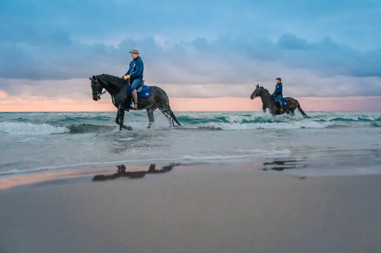 Zwei Reiter auf schwarzen Pferden durchqueren das Meer am Strand. Das Wasser spritzt um die Hufe, w&auml;hrend der Himmel in sanften Pastellt&ouml;nen leuchtet.