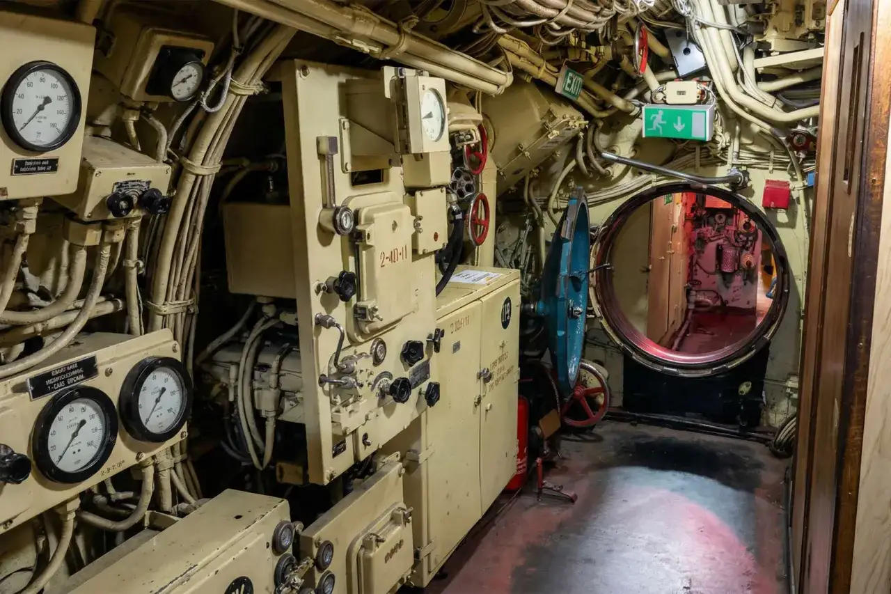 Blick in das Innere des U 461 mit vielen Rohren, Anzeigen und einem Notausgang.