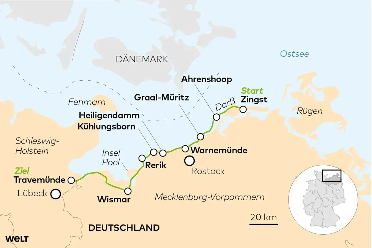 Karte des Ostseek&uuml;sten-Radwegs von Zingst nach Travem&uuml;nde, mit Stationen wie Warnem&uuml;nde, Rerik und Wismar.