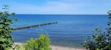 Ein ruhiger Tag am glühenden Strandpromenade. Das Meer ist ruhig, mit einer Reihe von Holzpfählen, auf denen Vögel sitzen.