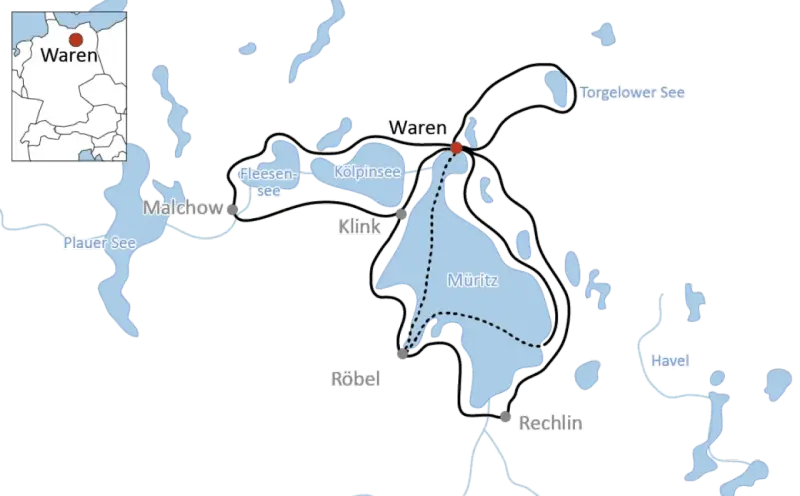 Karte der Mecklenburgischen Seenplatte mit Routen für Mecklenburger Radreisen. Orte wie Waren, Malchow, Müritz und Rechlin sind verbunden.